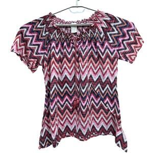 Faded Glory Top Plus 1X 16W Pink Brown Zigzag Peasant Style Boho Short Sleeve